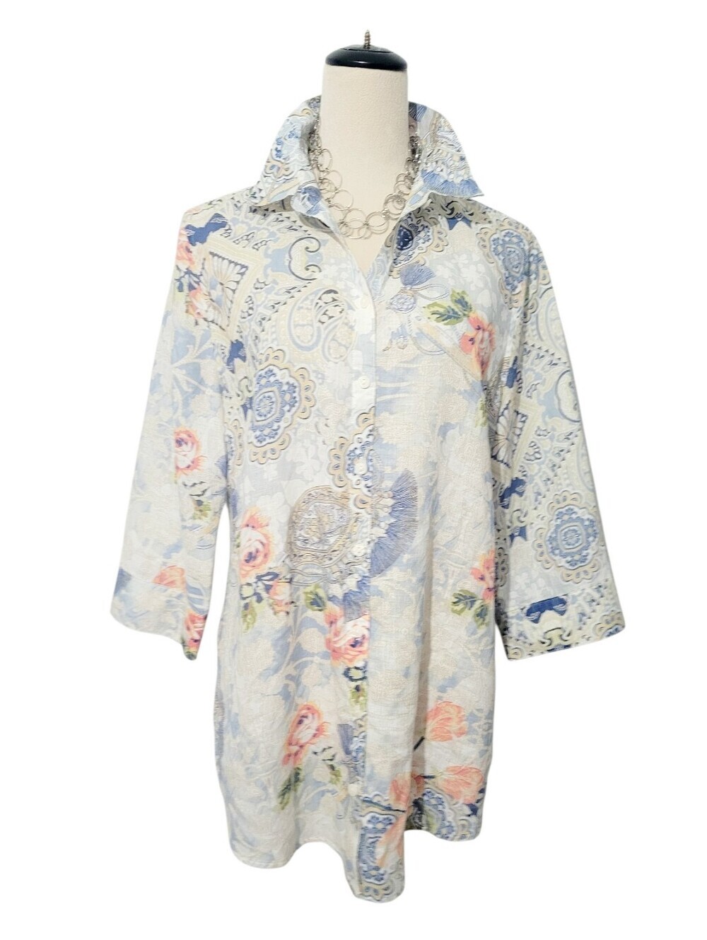 Chico's No-Iron 100% Linen Floral Paisley Button Front Tunic Shirt Medium Woman - Picture 2 of 12
